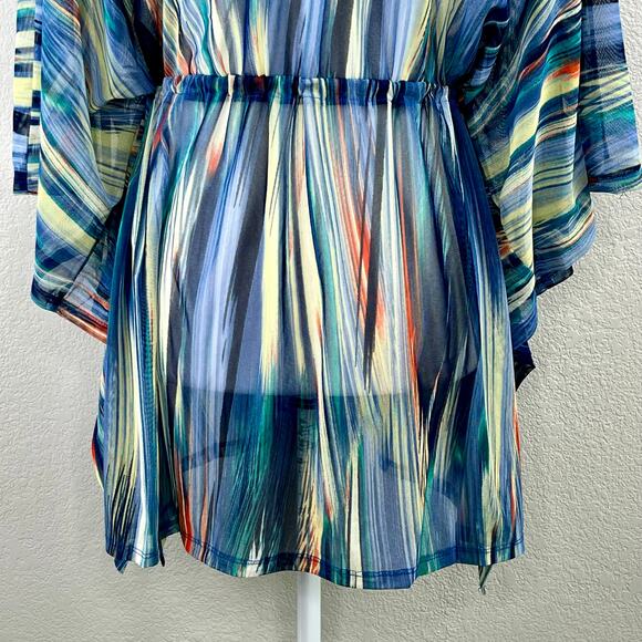 Blue Multicolor Sheer Mesh Cinched Waist V-Neck Oversize Cover-Up Plus 1X/2X NWT - Picture 11 of 15